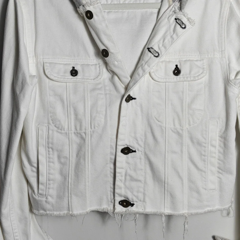 RAG & BONE / JEAN Button Up White Jean Jacket With Gray Hood Size Xsmall - Picture 8 of 16